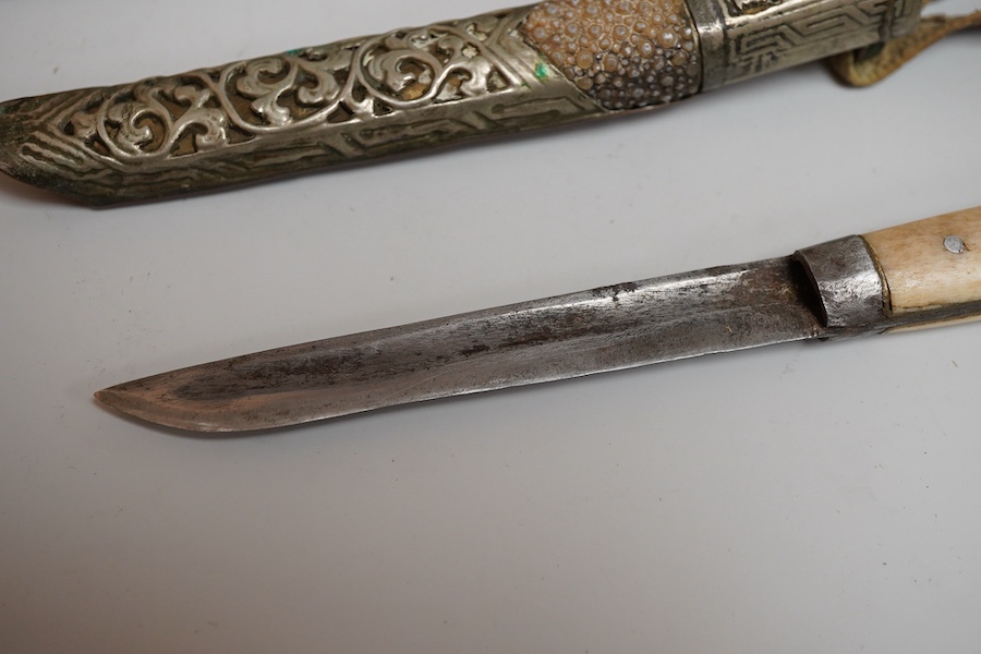 A Chinese travelling knife handle and chopstick holder, 27cm long (holder without chopsticks)